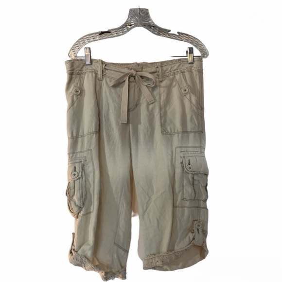 BKE for Buckle Cargo Pants 100%Linen Pockets crochet Lace Detail Y2K Khaki SZ29 - Picture 10 of 13